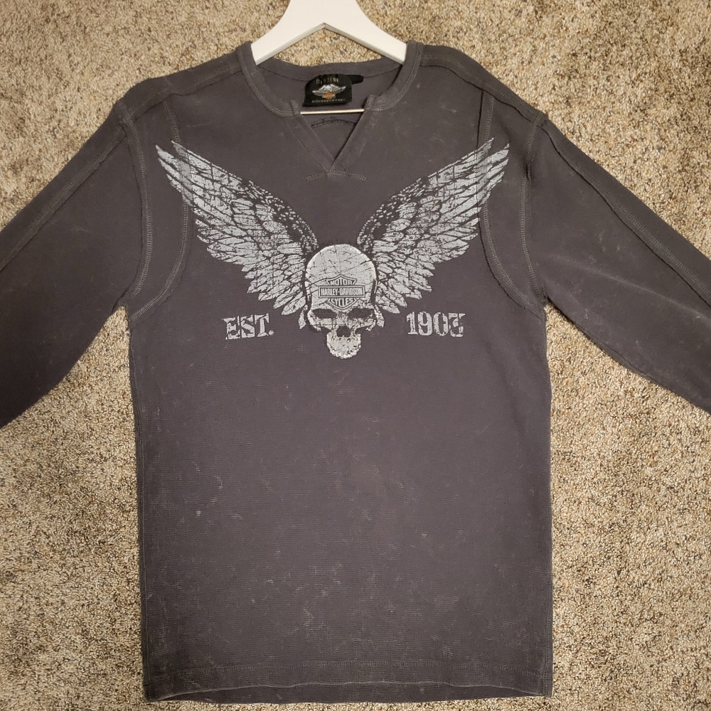 Harley-Davidson Men's Long Sleeve Grey Winged Skull Waffle Knit Shirt Small